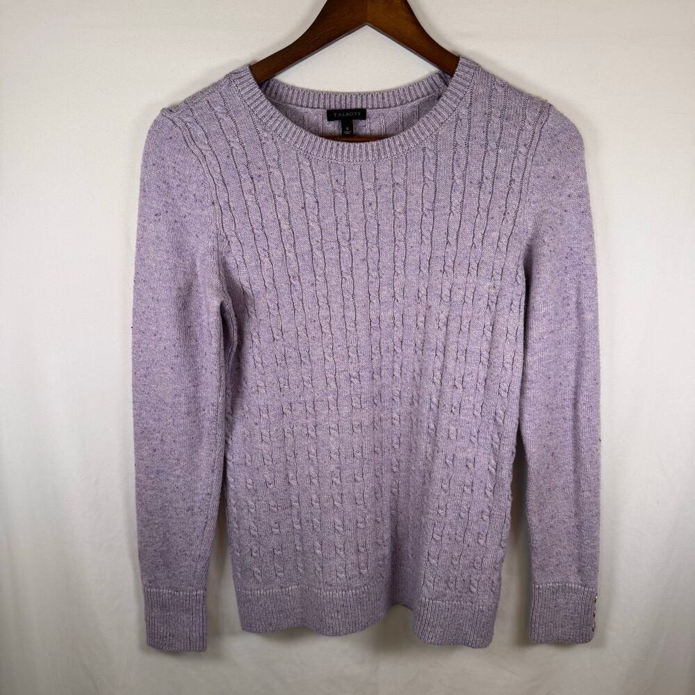 Talbots Women’s S Cable Knit Crewneck Sweater Purple Confetti Button Cuff Preppy - Picture 2 of 8
